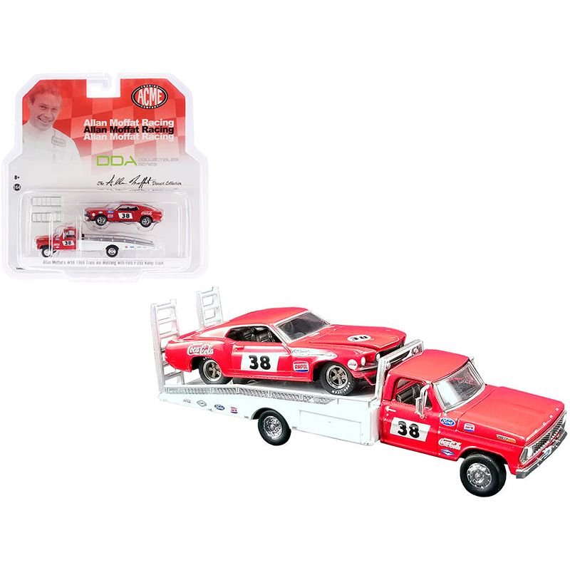 Ford F - 350 Ramp Truck 38 Red and White with 1969 Ford Mustang Trans Am 38 Red "Coca - Cola" Allan Moffat Racing "DDA Collectibles" Series "ACME Exclusive" 1/64 Diecast Model Cars by Greenlight for ACME - Greenlight - ModelCars.com