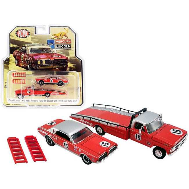 Ford F-350 Ramp Truck with 1967 Mercury Trans Am Cougar 15 Parnelli Jones Red with Silver Top "ACME Exclusive" 1/64 Diecast Model Cars by Greenlight for ACME-Greenlight-ModelCars.com