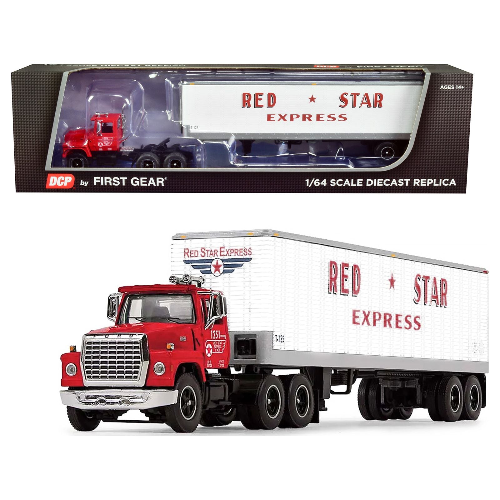 Ford LT - 9000 Day Cab with Vintage 40' Dry Goods Tandem - Axle Trailer Red and White "Red Star Express" 1/64 Diecast Model by DCP/First Gear - First Gear - ModelCars.com