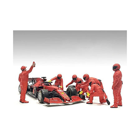 Formula One F1 Pit Crew 7 Figure Set Team Red Release III for 1/18 Scale Models by American Diorama - American Diorama - ModelCars.com
