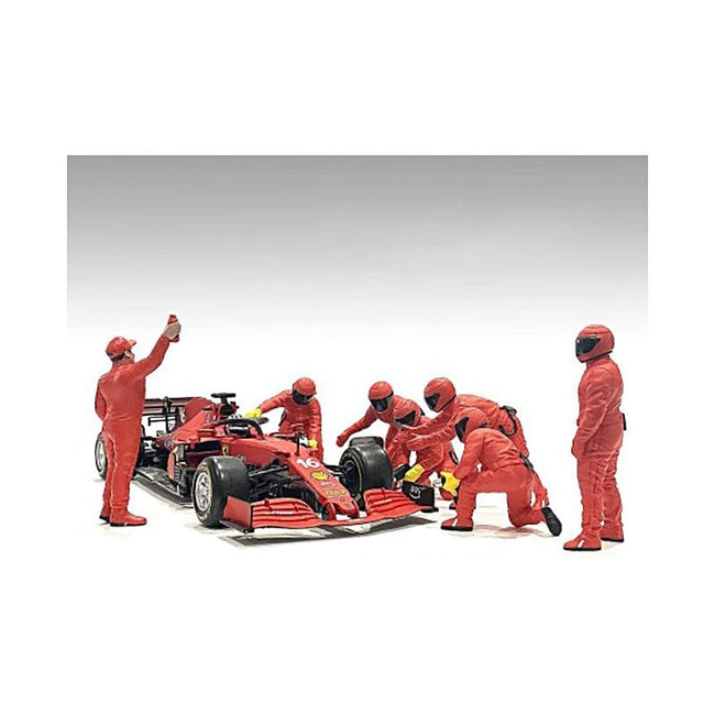 Formula One F1 Pit Crew 7 Figure Set Team Red Release III for 1/18 Scale Models by American Diorama - American Diorama - ModelCars.com