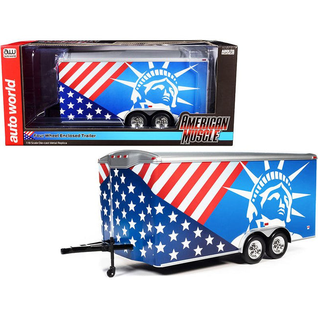 Four Wheel Enclosed Car Trailer Patriotic with Graphics for 1/18 Scale Model Cars by Auto World - Autoworld - ModelCars.com