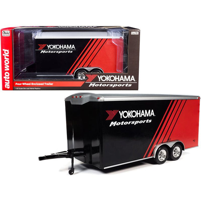 Four Wheel Enclosed Car Trailer "Yokohama Motorsports" Black and Red for 1/18 Scale Model Cars by Auto World-Autoworld-ModelCars.com