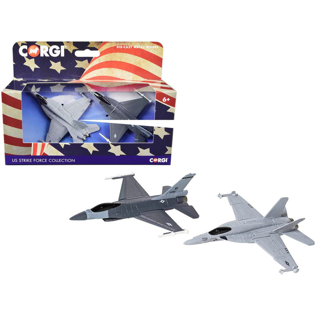 General Dynamics F - 16 Fighting Falcon Fighter Aircraft and McDonnell Douglas F/A - 18 Super Hornet Fighter Aircraft Set of 2 Pieces "US Strike Force Collection" Diecast Models by Corgi - Corgi - ModelCars.com