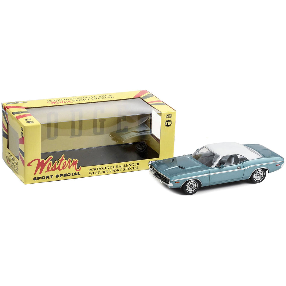 1970 Dodge Challenger "Western Sport Special" Light Blue Metallic with White Vinyl Top and White Interior 1/18 Diecast Model Car by Greenlight