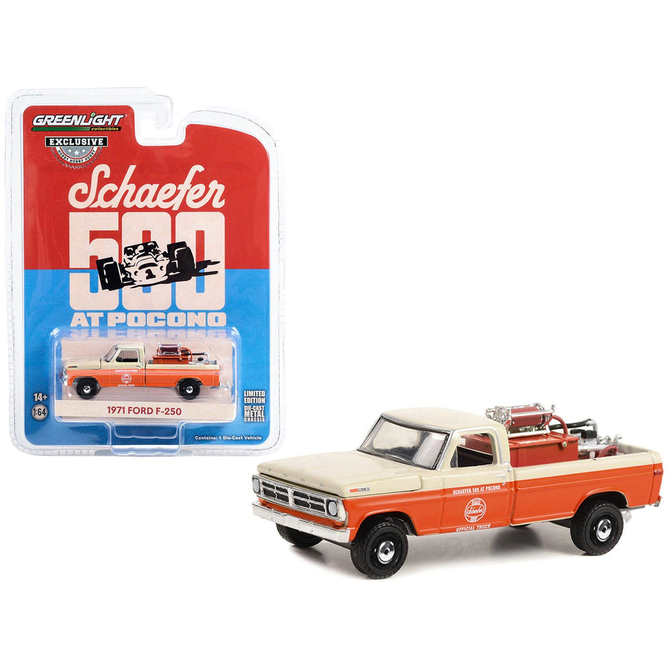 1971 Ford F-250 Pickup Truck with Fire Equipment Hose and Tank "Schaefer 500 at Pocono Official Truck" (1971) "Hobby Exclusive" Series 1/64 Diecast Model Car by Greenlight