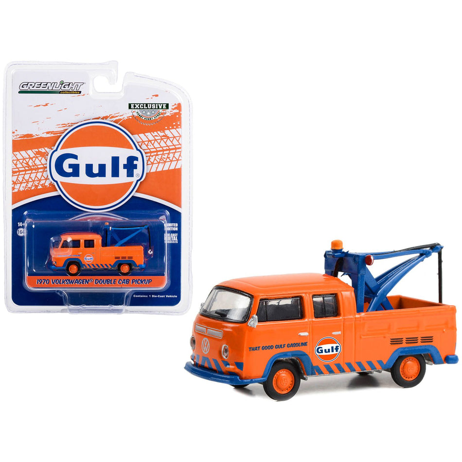 1970 Volkswagen Double Cab Pickup Tow Truck Orange "Gulf Oil - That Good Gulf Gasoline" "Hobby Exclusive" Series 1/64 Diecast Model Car by Greenlight