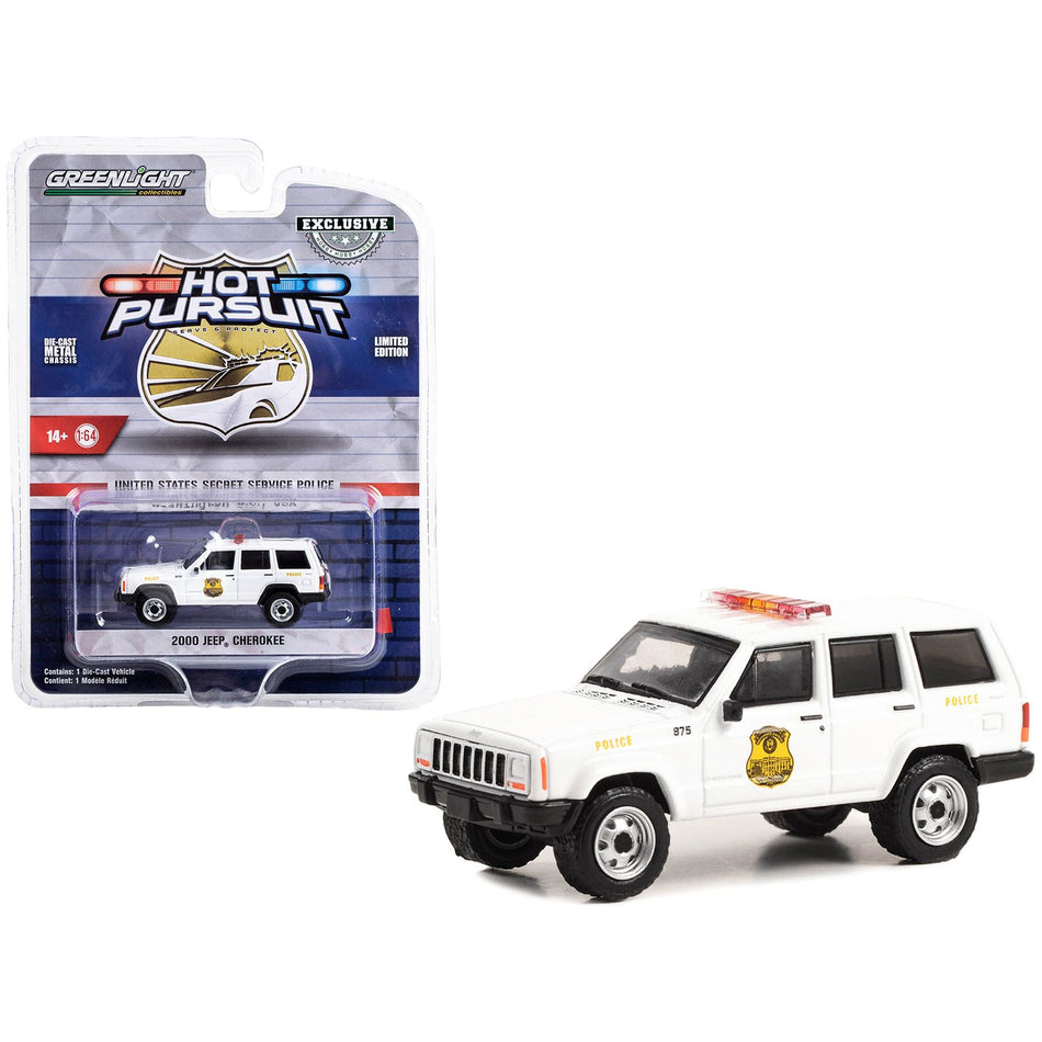 2000 Jeep Cherokee White "United States Secret Service Police" Washington DC "Hot Pursuit" Special Edition 1/64 Diecast Model Car by Greenlight