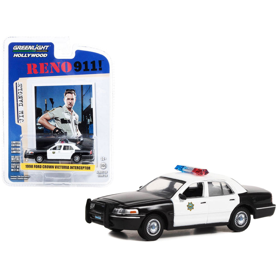 1998 Ford Crown Victoria Police Interceptor Black and White Reno Sheriff's Department "Lieutenant Jim Dangle" "Reno 911!" (2003-2009) TV Series "Hollywood Series" Release 38 1/64 Diecast Model Car by Greenlight