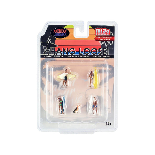 "Hang Loose" 5 piece Diecast Set (4 Surfer Figures and 1 Dog) Limited Edition to 4800 pieces Worldwide for 1/64 Scale Models by American Diorama-American Diorama-ModelCars.com