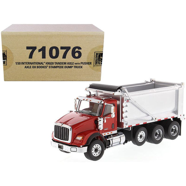 International HX620 Tandem Axle with Pusher Axle OX Stampede Dump Truck Red and Chrome "Transport Series" 1/50 Diecast Model by Diecast Masters-Diecast Masters-ModelCars.com