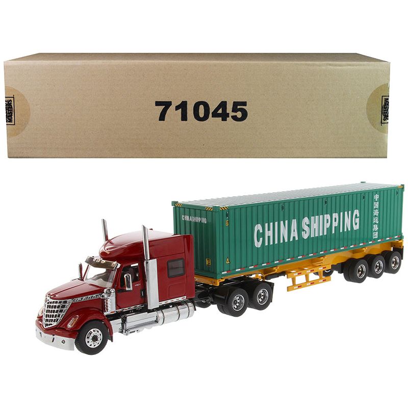 International LoneStar Sleeper Cab Red with Skeleton Trailer and 40' Dry Goods Sea Container "China Shipping" Green "Transport Series" 1/50 Diecast Model by Diecast Masters - Diecast Masters - ModelCars.com
