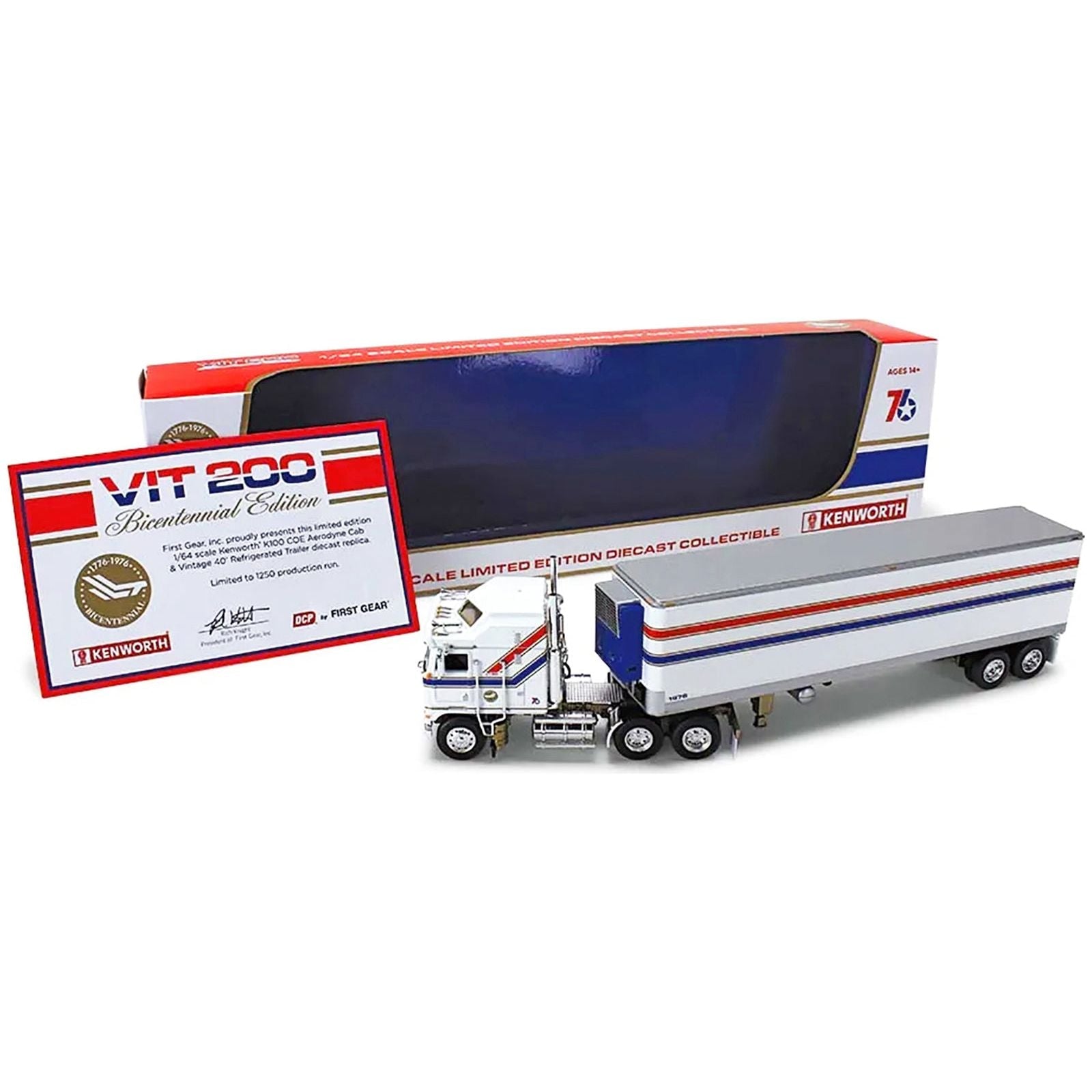Kenworth K100 COE Aerodyne Sleeper and 40' Vintage Refrigerated Tandem - Axle Trailer White with Stripes "VIT200 Bicentennial" 1/64 Diecast Model by DCP/First Gear - First Gear - ModelCars.com