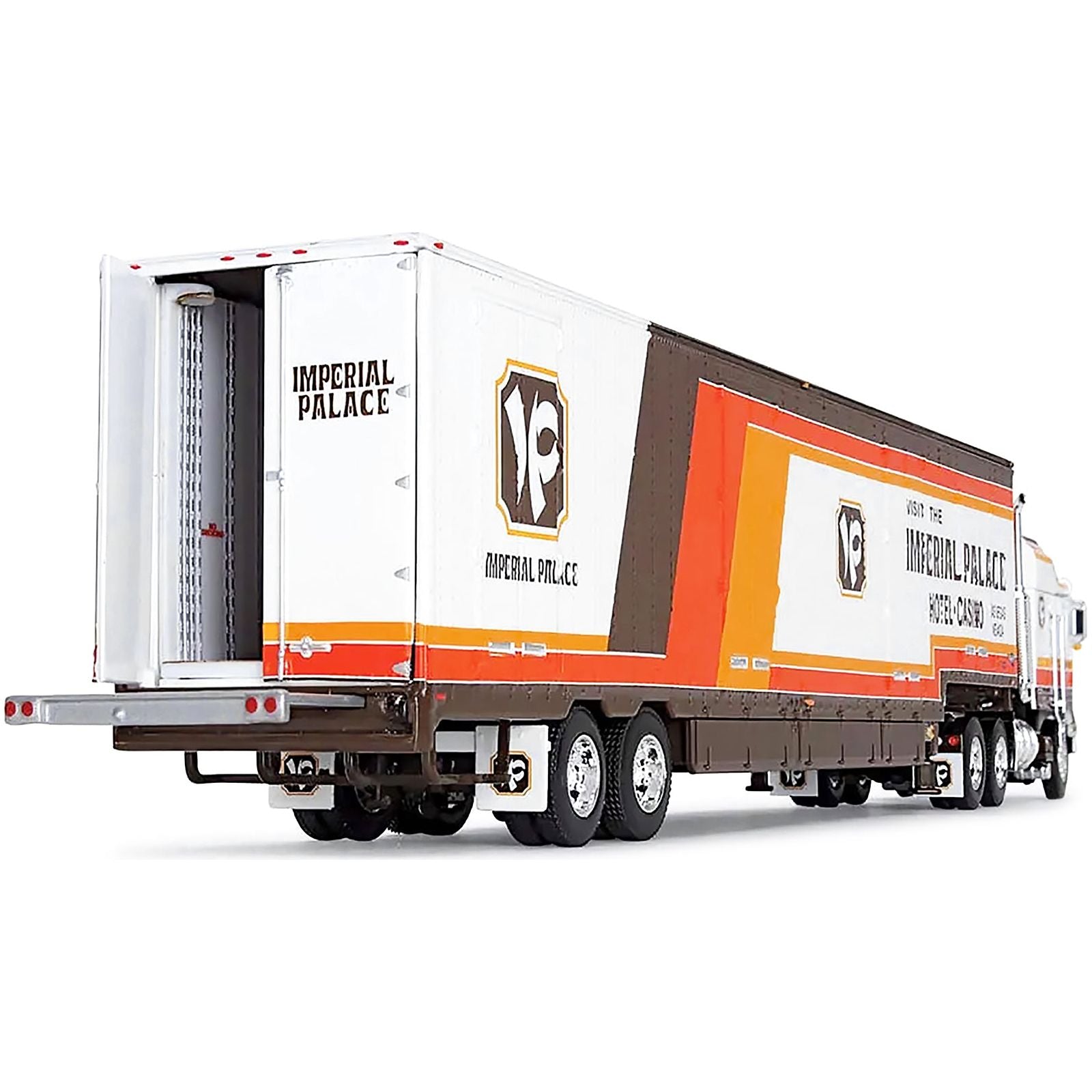 Kenworth K100 COE Aerodyne Sleeper Cab and Kentucky Moving Trailer White and Brown with Stripes "Visit Imperial Palace Hotel and Casino Las Vegas" "Fallen Flag" Series 1/64 Diecast Model by DCP/First Gear - First Gear - ModelCars.com