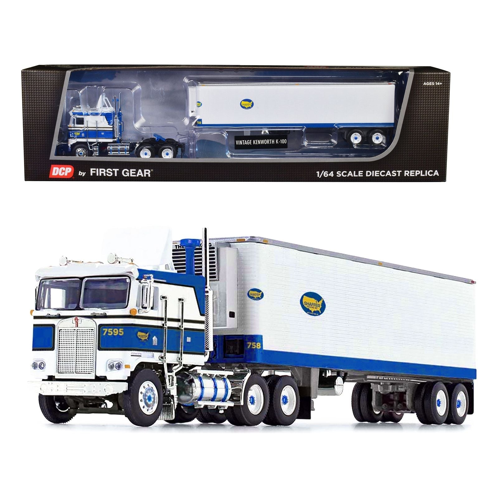Kenworth K100 COE Flat Top with Vintage Air Foil and 40' Vintage Refrigerated Trailer Blue and White "Shaffer Trucking" 1/64 Diecast Model by DCP/First Gear - First Gear - ModelCars.com