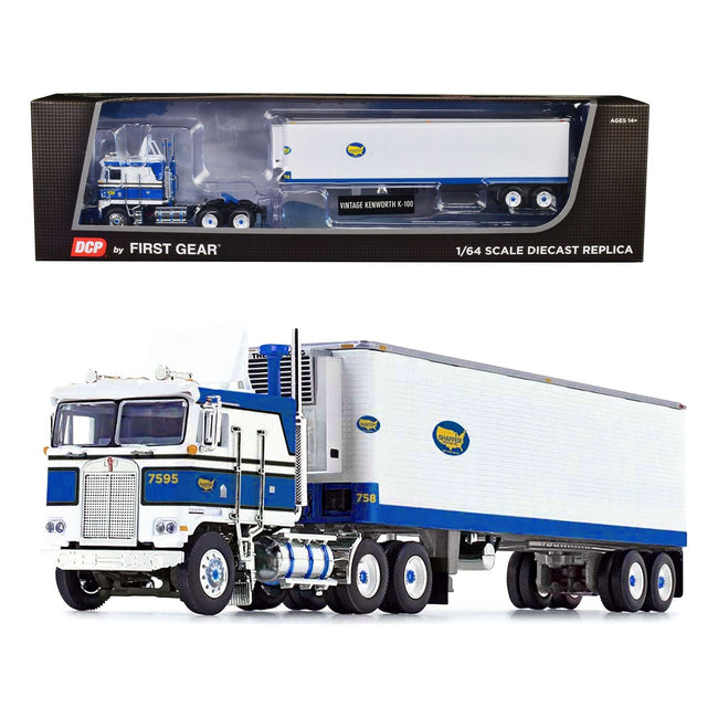 Kenworth K100 COE Flat Top with Vintage Air Foil and 40' Vintage Refrigerated Trailer Blue and White "Shaffer Trucking" 1/64 Diecast Model by DCP/First Gear - First Gear - ModelCars.com
