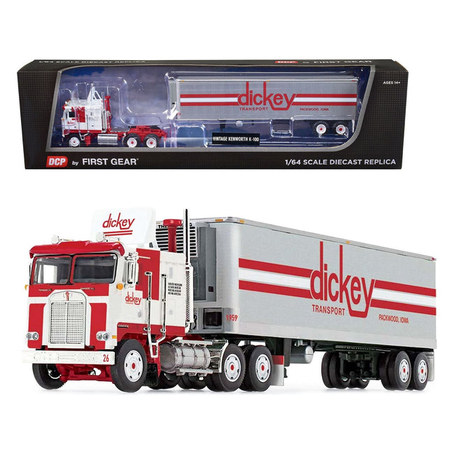 Kenworth K100 COE with 40' Vintage Refrigerated Trailer "Dickey Transport" White and Red 1/64 Diecast Model by DCP/First Gear - First Gear - ModelCars.com