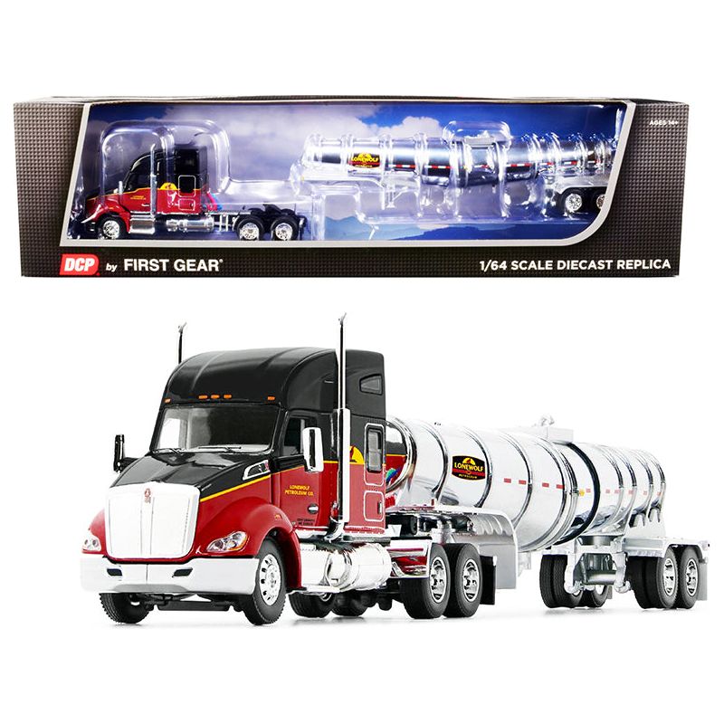Kenworth T680 76" Mid-Roof Sleeper Cab Black and Red and Chrome Polar Deep Drop Tanker "Lonewolf Petrolum Co." 1/64 Diecast Model by DCP/First Gear-First Gear-ModelCars.com
