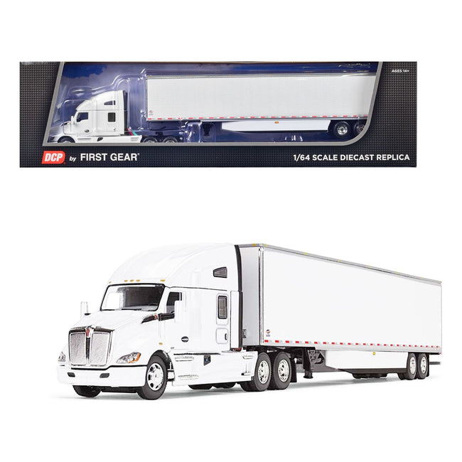 Kenworth T680 with 76" High Roof Sleeper and 53' Smooth Sided Dry Goods Trailer White 1/64 Diecast Model by DCP/First Gear - First Gear - ModelCars.com
