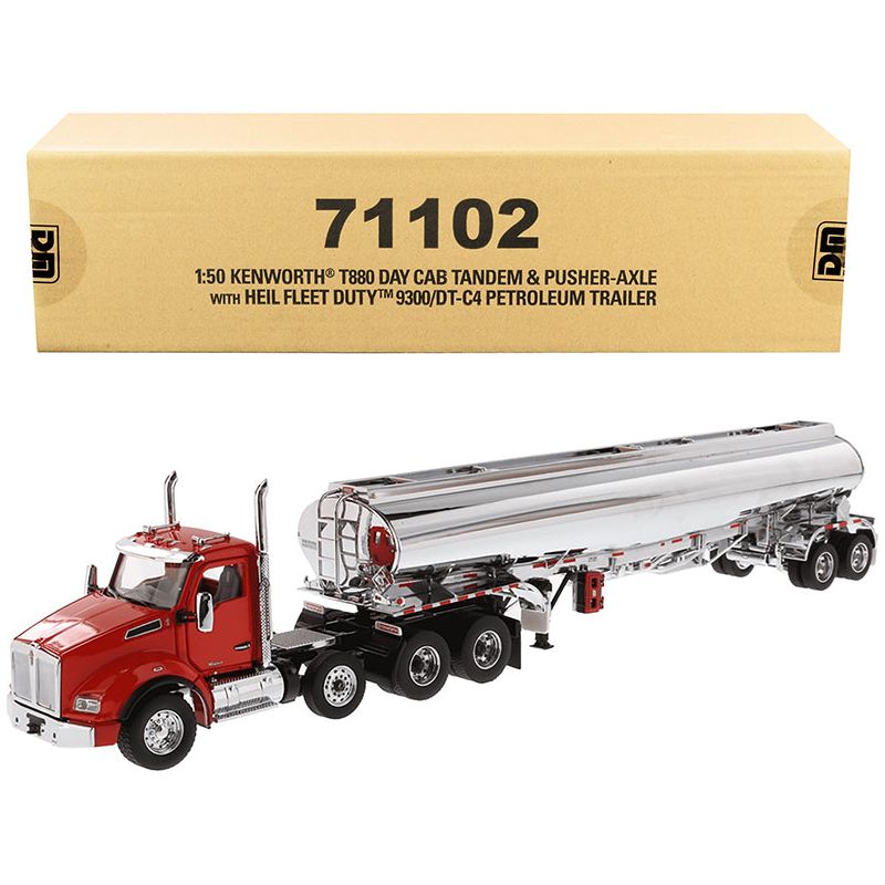 Kenworth T880 Day Cab Tandem Truck with Pusher - Axle and Heil Fleet Duty 9300/DT - C4 Petroleum Tanker Trailer Red and Chrome "Transport Series" 1/50 Diecast Model by Diecast Masters - Diecast Masters - ModelCars.com