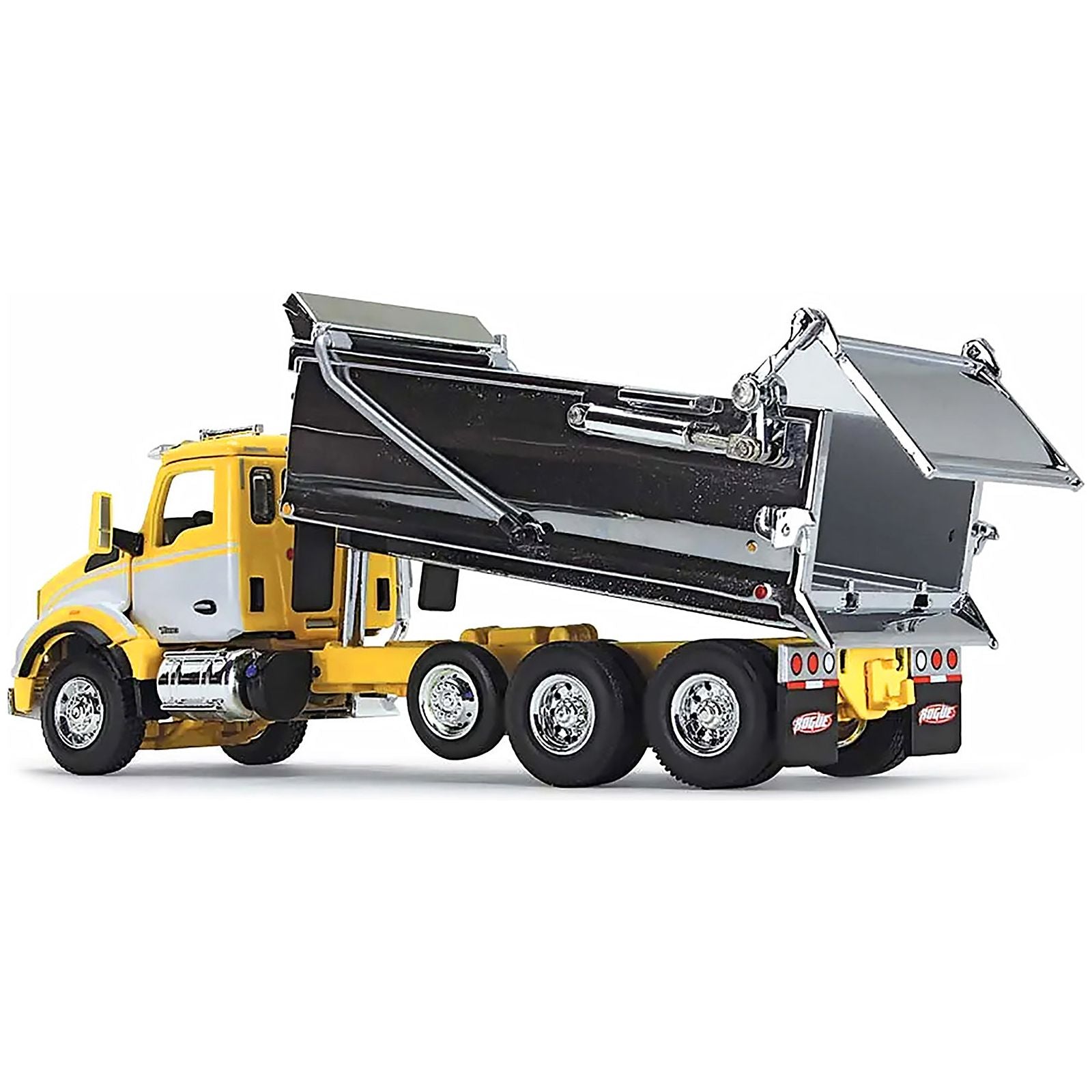 Kenworth T880 Day Cab with Rogue Transfer Dump Body Truck Yellow with White and Chrome 1/64 Diecast Model by DCP/First Gear - First Gear - ModelCars.com