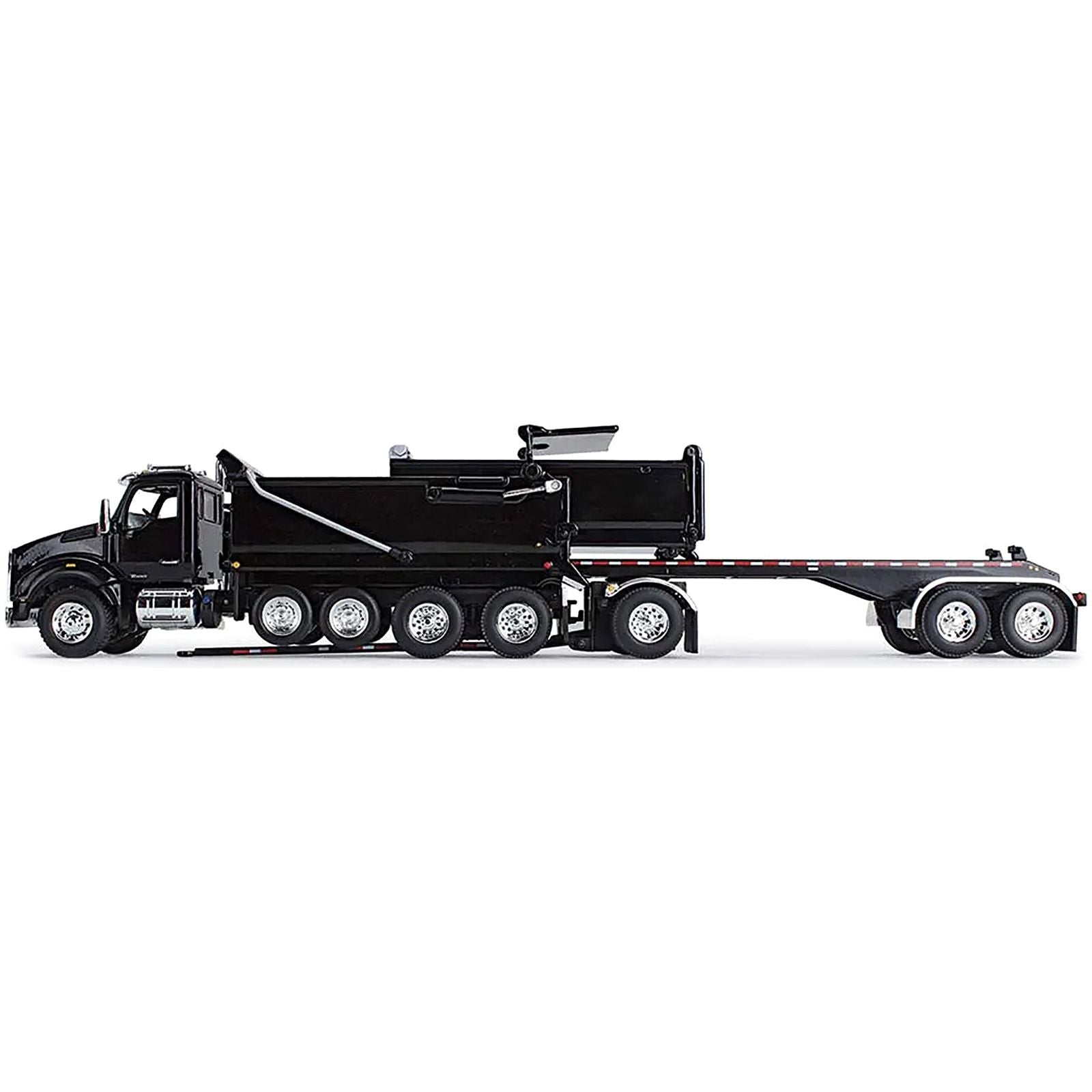 Kenworth T880 Quad - Axle Dump Truck and Rogue Transfer Tandem - Axle Dump Trailer Black 1/64 Diecast Model by DCP/First Gear - First Gear - ModelCars.com