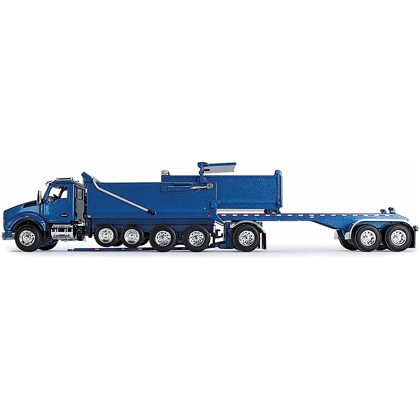 Kenworth T880 Quad - Axle Dump Truck and Rogue Transfer Tandem - Axle Dump Trailer Surf Blue Metallic 1/64 Diecast Model by DCP/First Gear - First Gear - ModelCars.com