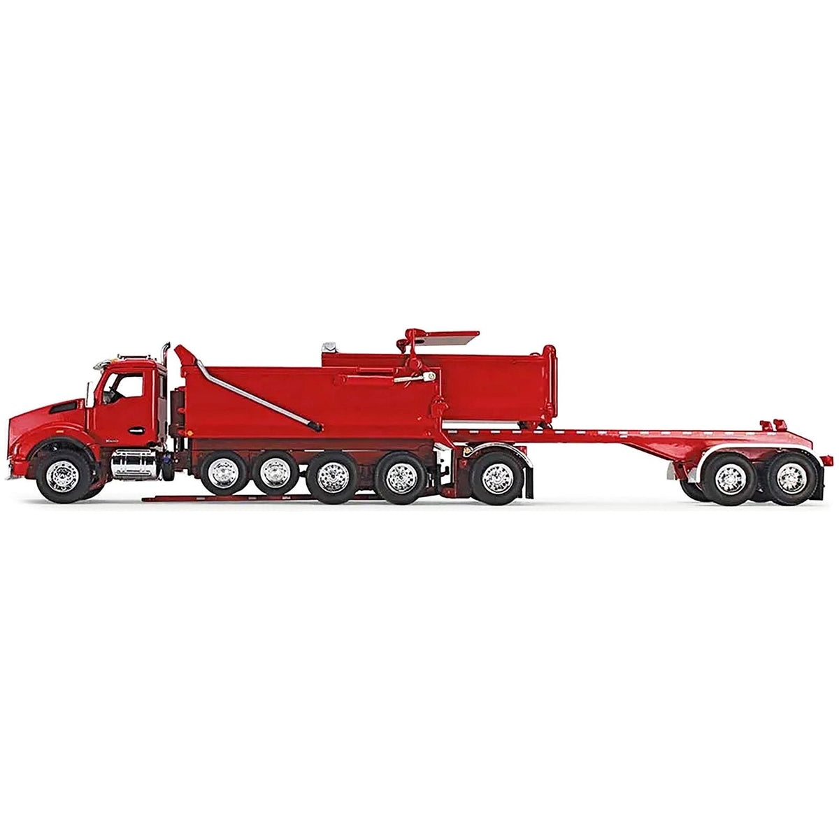 Kenworth T880 Quad-Axle Dump Truck and Rogue Transfer Tandem-Axle Dump Trailer Viper Red 1/64 Diecast Model by DCP/First Gear-First Gear-ModelCars.com