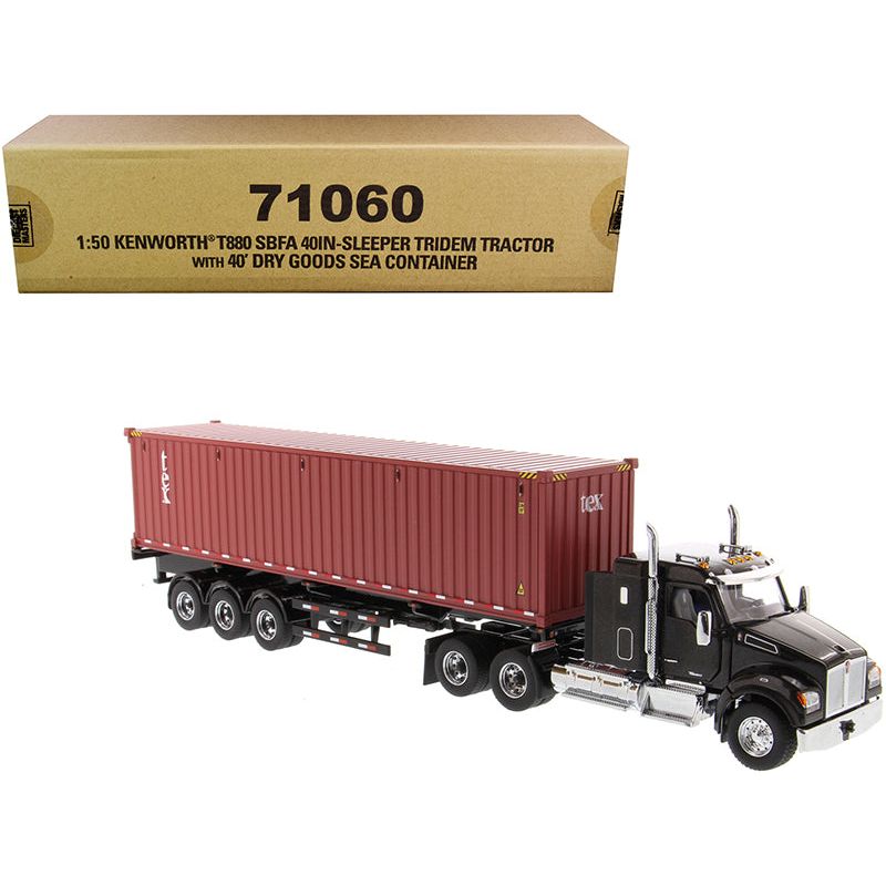Kenworth T880 SBFA 40" Sleeper Cab Tridem Truck Tractor Black Metallic with Flatbed Trailer and 40' Dry Goods Sea Container "TEX" "Transport Series" 1/50 Diecast Model by Diecast Masters - Diecast Masters - ModelCars.com