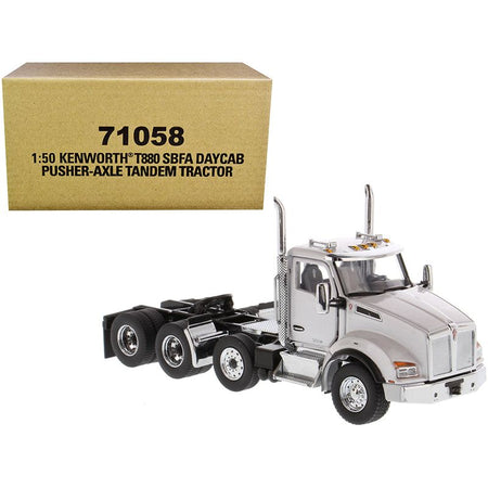 Kenworth T880 SBFA Day Cab Pusher-Axle Tandem Truck Tractor White Metallic 1/50 Diecast Model by Diecast Masters-Diecast Masters-ModelCars.com