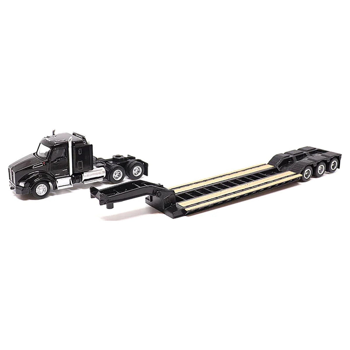 Kenworth T880 SBFS Sleeper Tandem Tractor Black with Lowboy Trailer and CAT 320D L Hydraulic Excavator Yellow 1/87 (HO) Diecast Model by Diecast Masters-Diecast Masters-ModelCars.com