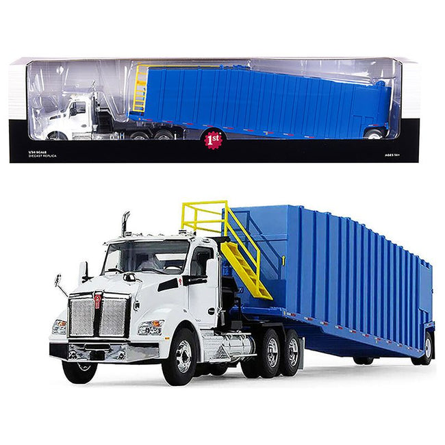 Kenworth T880 Winch Truck with Pinnacle Frac Tank Trailer White and Light Grabber Blue 1/34 Diecast Model by First Gear - First Gear - ModelCars.com
