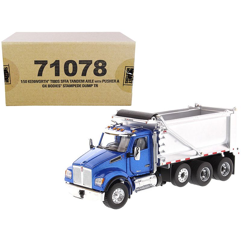 Kenworth T880S SFFA Tandem Axle with Pusher Axle OX Stampede Dump Truck Blue and Chrome "Transport Series" 1/50 Diecast Model by Diecast Masters-Diecast Masters-ModelCars.com