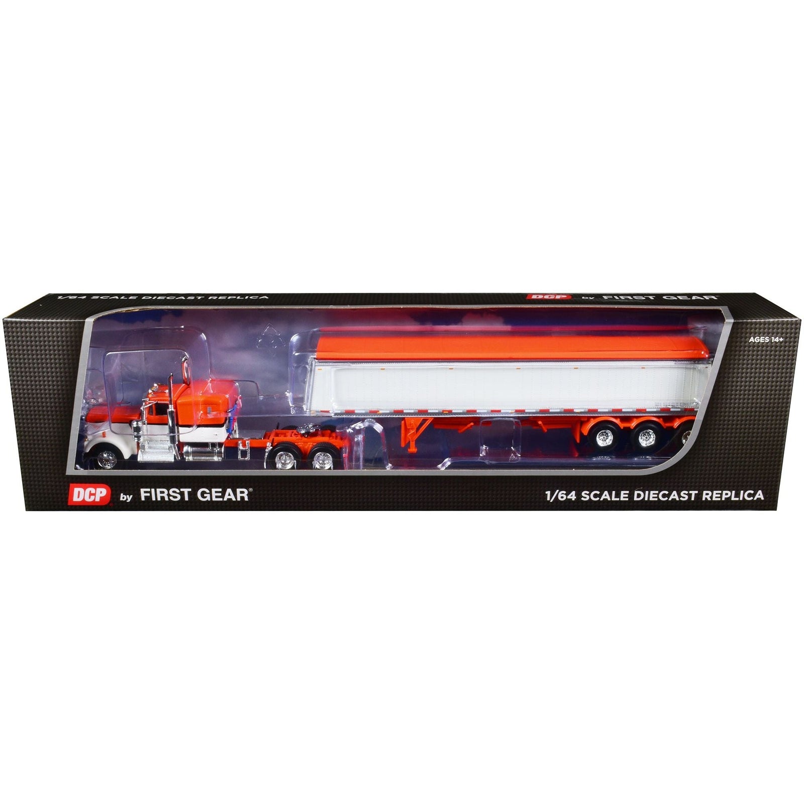 Kenworth W900A with 60" Flat Top Sleeper and Lode King Distinction Tri - Axle Hopper Trailer Orange and Pearl White 1/64 Diecast Model by DCP/First Gear - First Gear - ModelCars.com