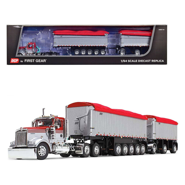 Kenworth W900L Day Cab and East Michigan Series 31' and 20' End Dump Trailers Viper Red and Silver 1/64 Diecast Model by DCP/First Gear - First Gear - ModelCars.com