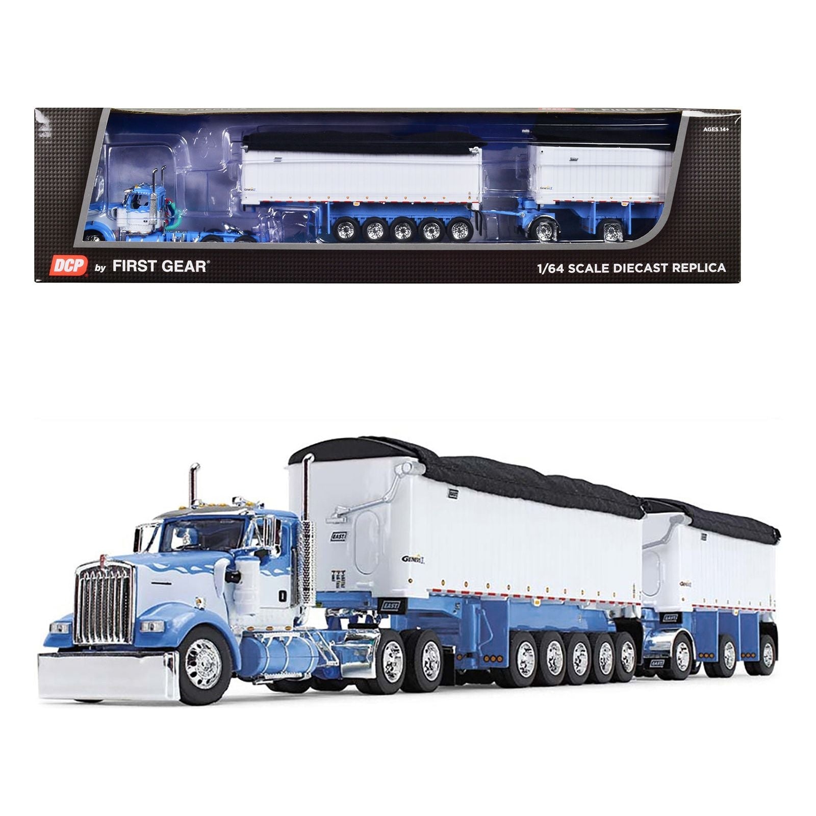 Kenworth W900L Day Cab and East Michigan Series 31' and 20' End Dump Trailers Wisteria Blue and White 1/64 Diecast Model by DCP/First Gear - First Gear - ModelCars.com