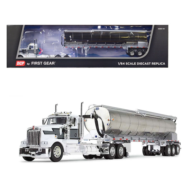 Kenworth W900L Day Cab and Walinga Bulk Tank Trailer White with Black and Gray Stripes 1/64 Diecast Model by DCP/First Gear - First Gear - ModelCars.com