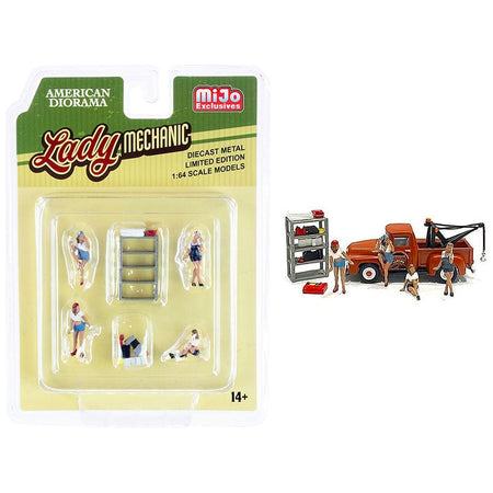 "Lady Mechanic" 6 piece Diecast Set (4 Figurines and 2 Accessories) for 1/64 Scale Models by American Diorama - American Diorama - ModelCars.com