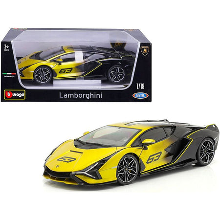 Lamborghini Sian FKP 37 63 Yellow Metallic and Black 1/18 Diecast Model Car by Bburago - Bburago - ModelCars.com