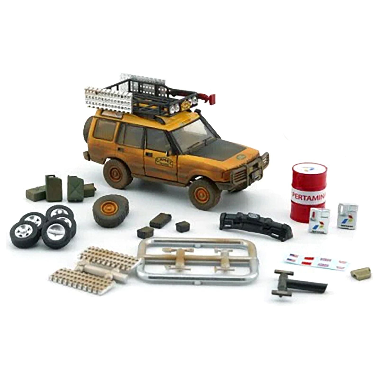 Land Rover Discovery 1 RHD (Right Hand Drive) "Camel Trophy" Yellow (Dirty Mud Version) with Roof Rack Extra Wheels and Accessories Limited Edition to 2016 pieces Worldwide 1/64 Diecast Model Car by BM Creations - BM Creations - ModelCars.com