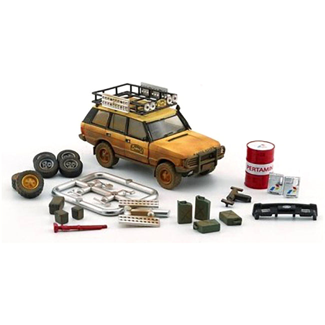 Land Rover Range Rover Classic LSE RHD (Right Hand Drive) "Camel Trophy" Yellow (Dirty Mud Version) with Roof Rack Extra Wheels and Accessories Limited Edition to 2016 pieces Worldwide 1/64 Diecast Model Car by BM Creations - BM Creations - ModelCars.com