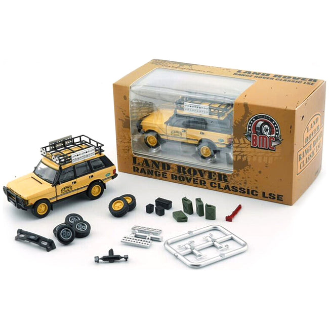 Land Rover Range Rover Classic LSE RHD (Right Hand Drive) "Camel Trophy" Yellow with Roof Rack Extra Wheels and Accessories 1/64 Diecast Model Car by BM Creations - BM Creations - ModelCars.com