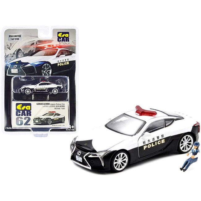 Lexus LC500 Black and White "Japan Police" with Police Officer Figurine Limited Edition to 1200 pieces 1/64 Diecast Model Car by Era Car-Era Car-ModelCars.com