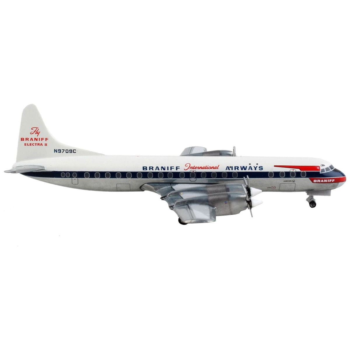 Lockheed L-188 Electra Commercial Aircraft "Braniff International Airways" White with Blue Stripes 1/400 Diecast Model Airplane by GeminiJets-GeminiJets-ModelCars.com