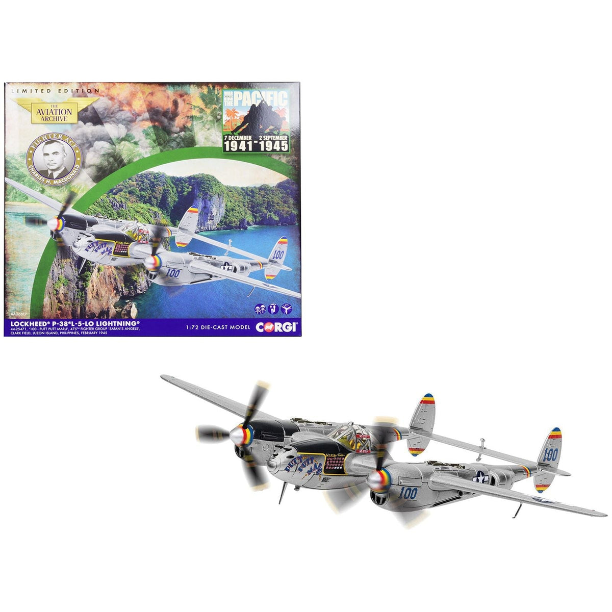Lockheed P-38 L-5-LO Lightning Fighter Aircraft "'Putt Putt Maru' Col. Charles McDonald 475th FG USAF Philippines" (1945) United States Air Force "The Aviation Archive" Series 1/72 Diecast Model by Corgi-Corgi-ModelCars.com