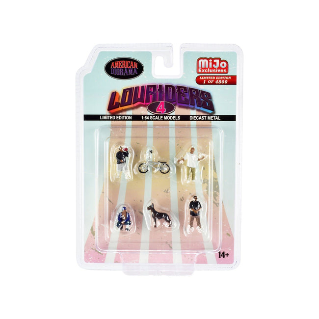 "Lowriders 4" 6 piece Diecast Set (4 Men 1 Dog 1 Bicycle Figures and Accessories) Limited Edition to 4800 pieces Worldwide 1/64 Scale Models by American Diorama-American Diorama-ModelCars.com