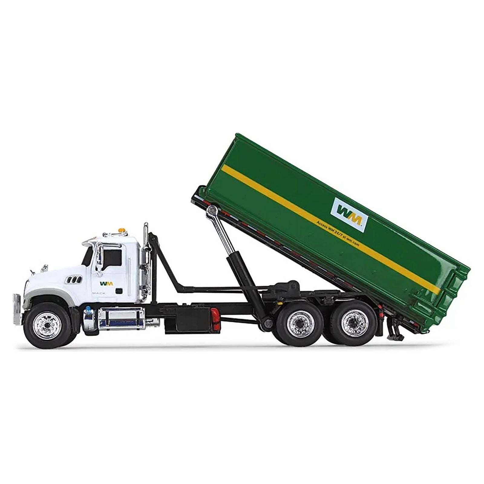 Mack Granite MP Refuse Garbage Truck with Tub - Style Roll - Off Container "Waste Management" White and Green 1/87 (HO) Diecast Model by First Gear - First Gear - ModelCars.com