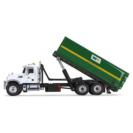 Mack Granite MP Refuse Garbage Truck with Tub - Style Roll - Off Container "Waste Management" White and Green 1/87 (HO) Diecast Model by First Gear - First Gear - ModelCars.com