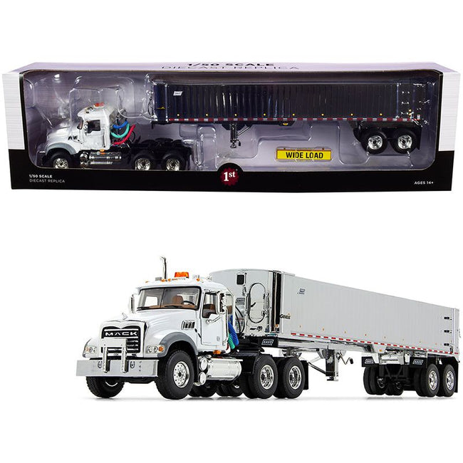 Mack Granite MP Tandem - Axle Day Cab with East Genesis End Dump Trailer White and Chrome 1/50 Diecast Model by First Gear - First Gear - ModelCars.com