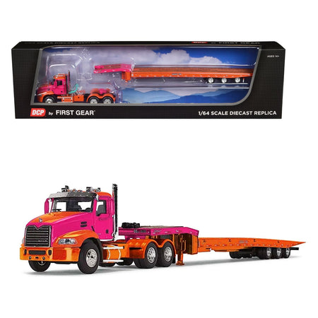 Mack Pinnacle Day Cab with Aftermarket Minimizer Parts and Talbert 5553TA Traveling - Axle Trailer Orange and Fuchsia 1/64 Diecast Model by DCP/First Gear - First Gear - ModelCars.com